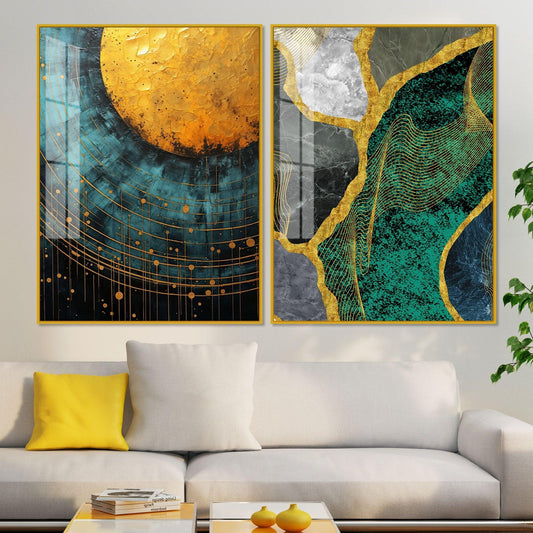 Modern Turquoise Artistic Art Acrylic Floating Wall Painting Set Of 2 - Decor Smart