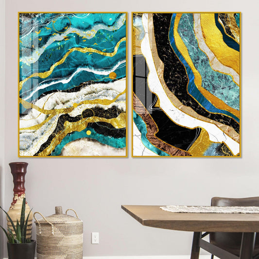 Modern Turquoise Blue Waves Artistic Art Acrylic Floating Wall Painting Set Of 2 - Decor Smart