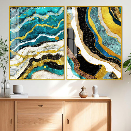 Modern Turquoise Blue Waves Artistic Art Acrylic Floating Wall Painting Set Of 2 - Decor Smart