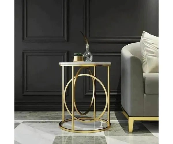 Modern White Marble Round Shaped Side Table with Golden Metallic Side - Decor Smart