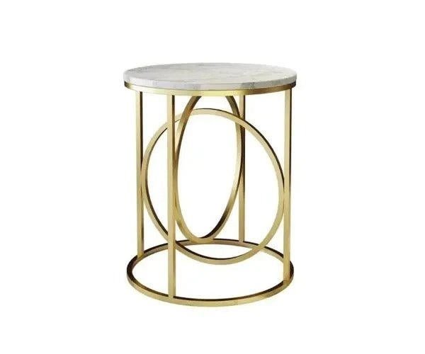 Modern White Marble Round Shaped Side Table with Golden Metallic Side - Decor Smart