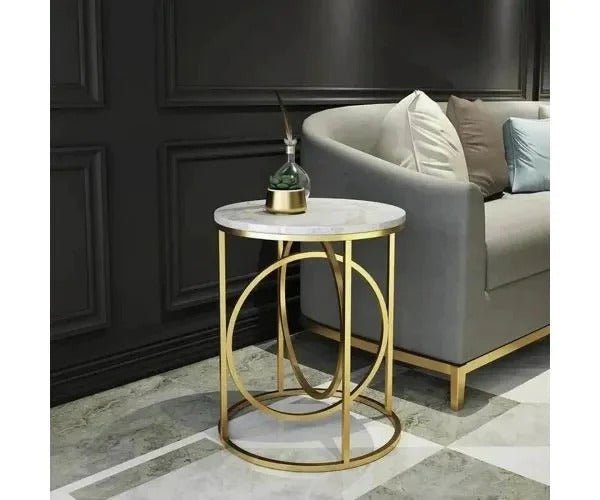 Modern White Marble Round Shaped Side Table with Golden Metallic Side - Decor Smart