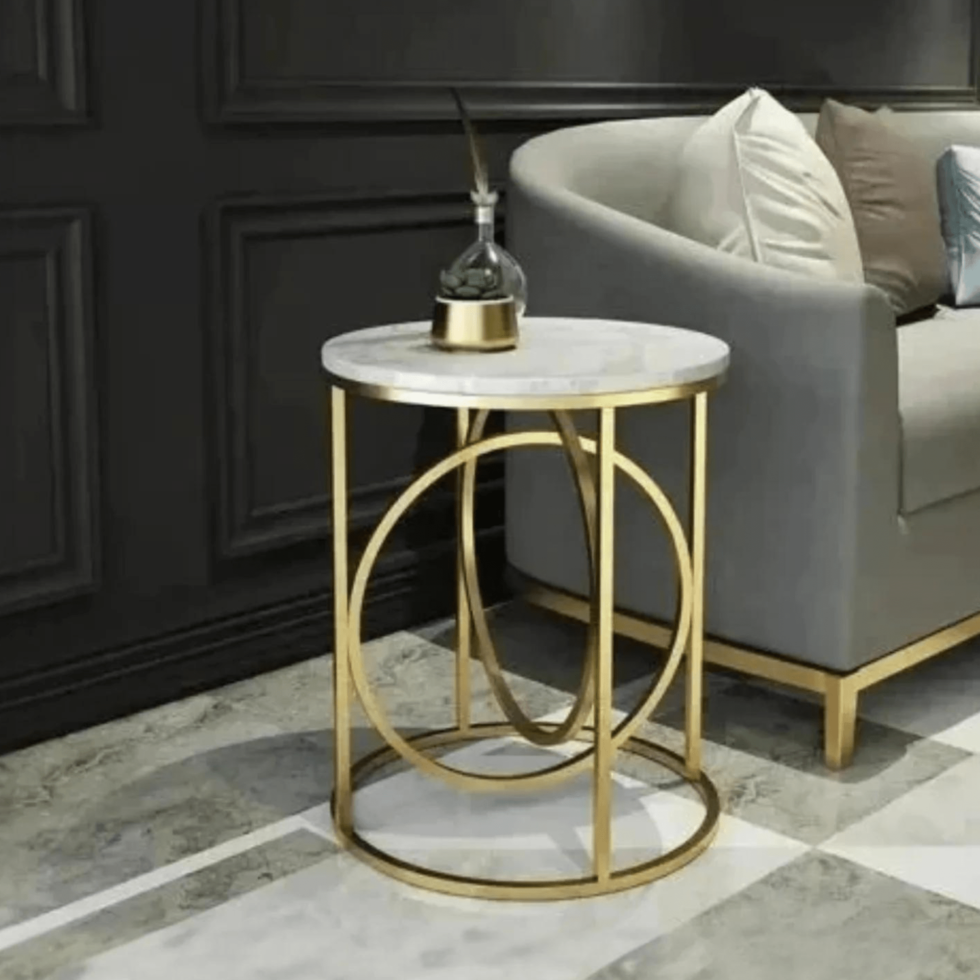Modern White Marble Round Shaped Side Table with Golden Metallic Side - Decor Smart
