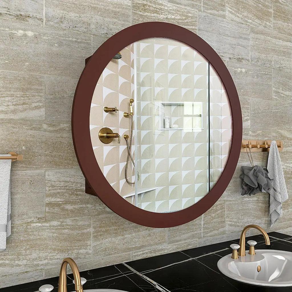 Modish Circular Shaped Wooden Bathroom Cabinet Mirror with 2 Spacious Shelves with Brown Finish - Decor Smart