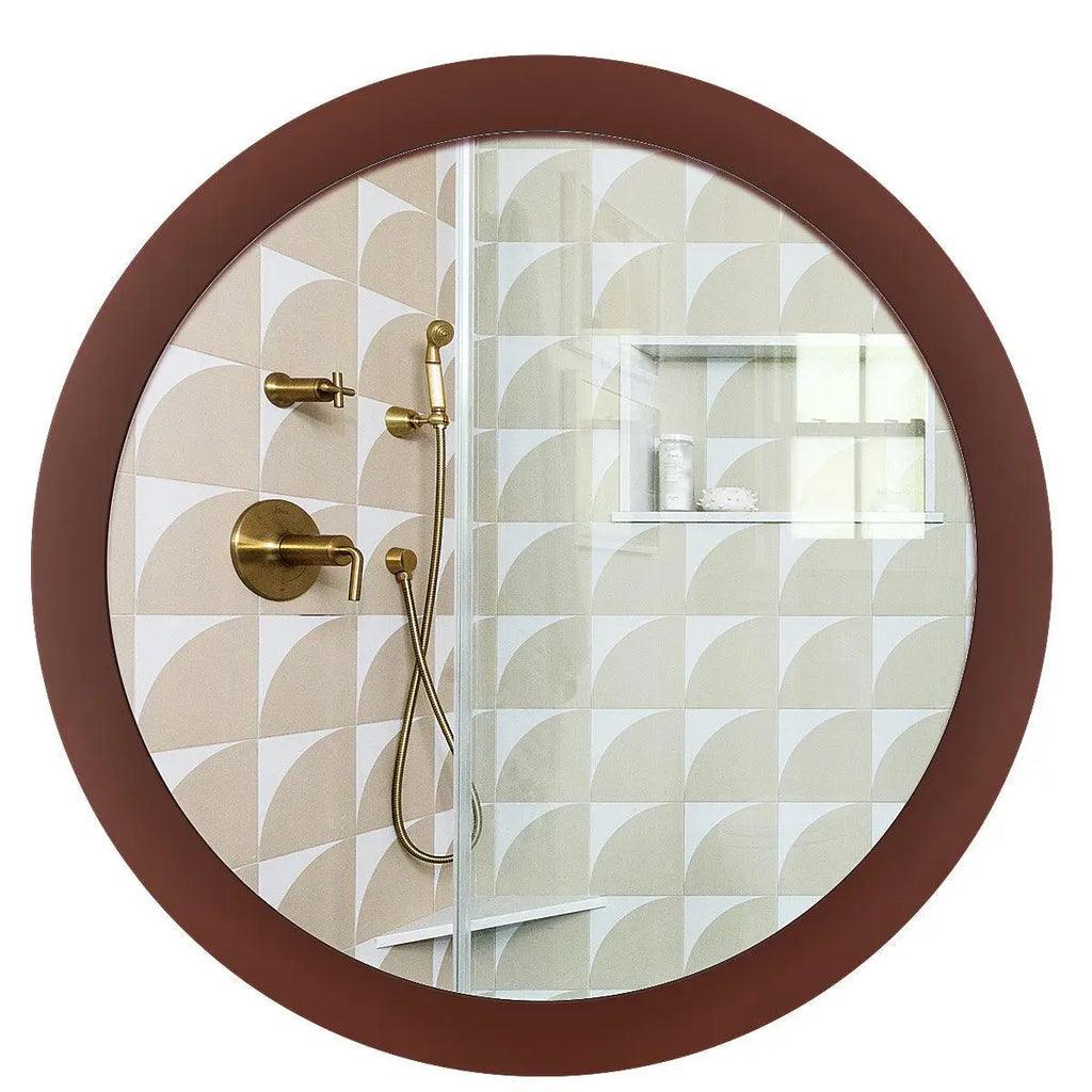 Modish Circular Shaped Wooden Bathroom Cabinet Mirror with 2 Spacious Shelves with Brown Finish - Decor Smart
