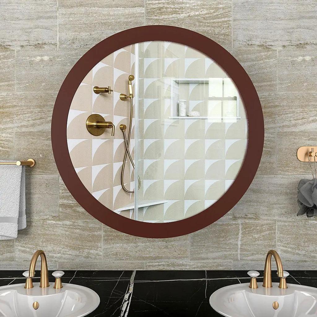 Modish Circular Shaped Wooden Bathroom Cabinet Mirror with 2 Spacious Shelves with Brown Finish - Decor Smart