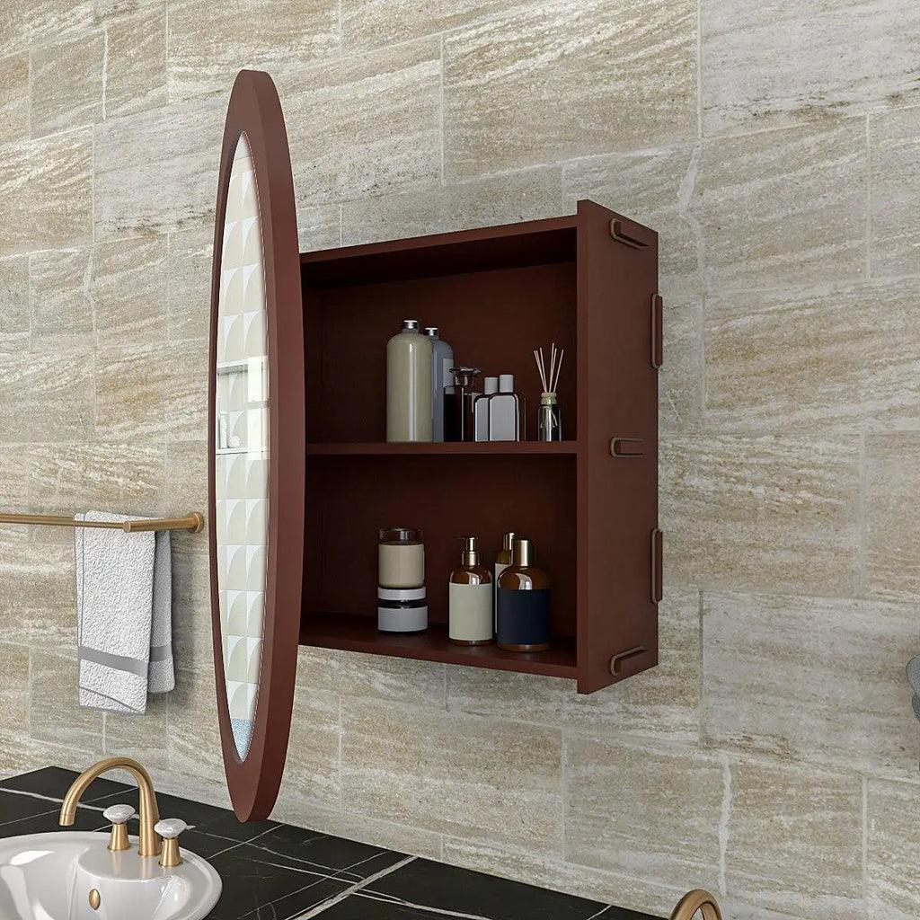 Modish Circular Shaped Wooden Bathroom Cabinet Mirror with 2 Spacious Shelves with Brown Finish - Decor Smart