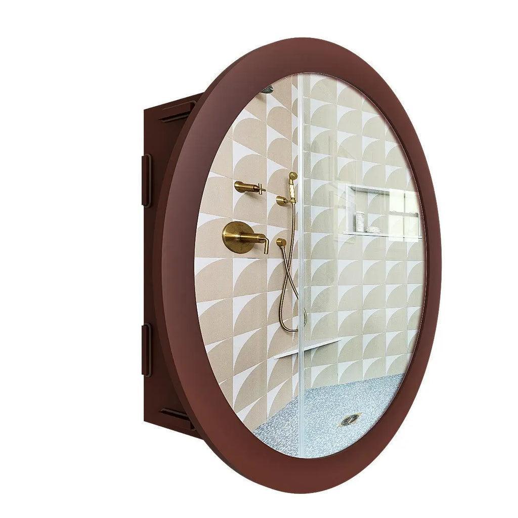 Modish Circular Shaped Wooden Bathroom Cabinet Mirror with 2 Spacious Shelves with Brown Finish - Decor Smart