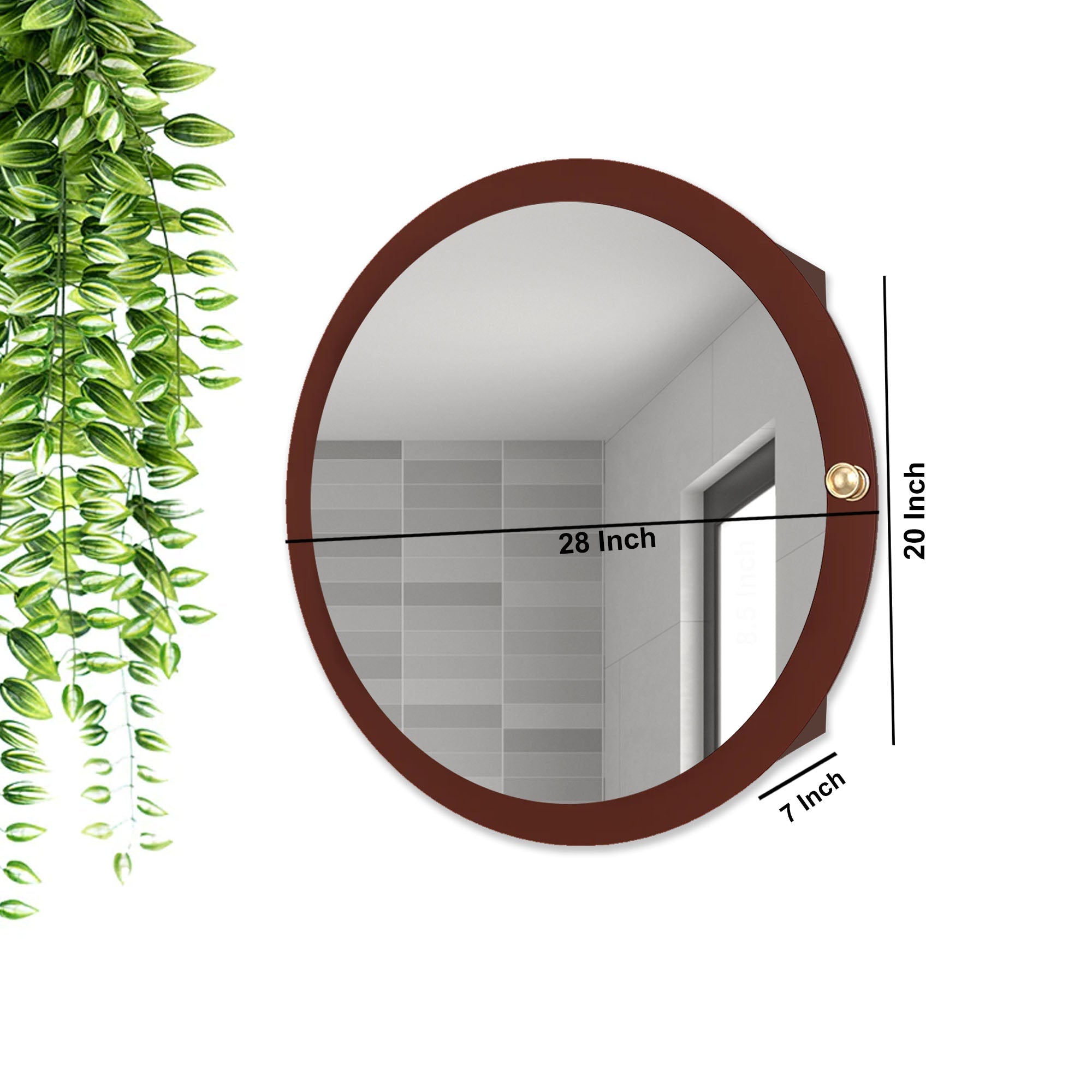 Modish Circular Wooden Bathroom Cabinet Mirror with 2 Spacious Shelves with Brown Finish - Decor Smart