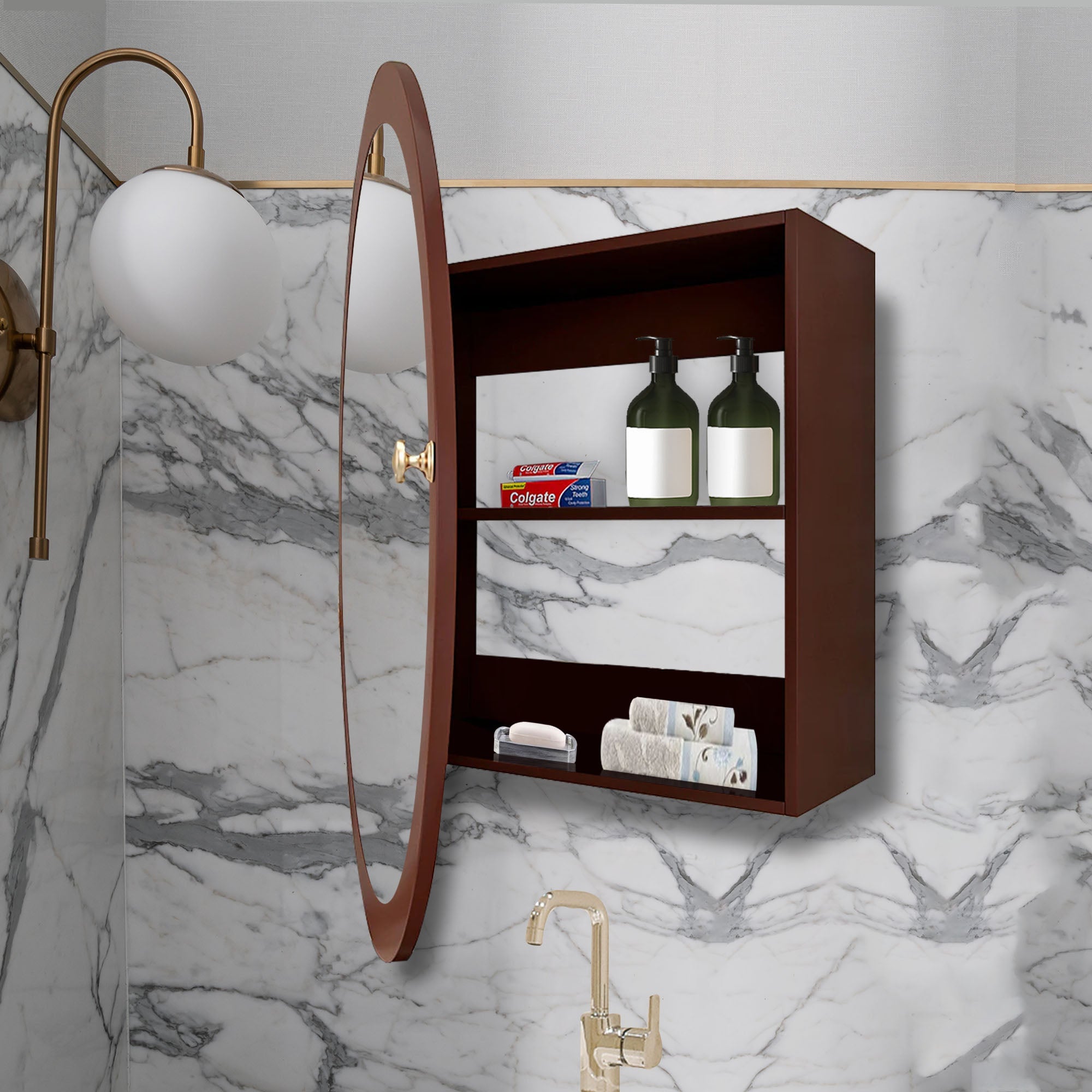 Modish Circular Wooden Bathroom Cabinet Mirror with 2 Spacious Shelves with Brown Finish - Decor Smart