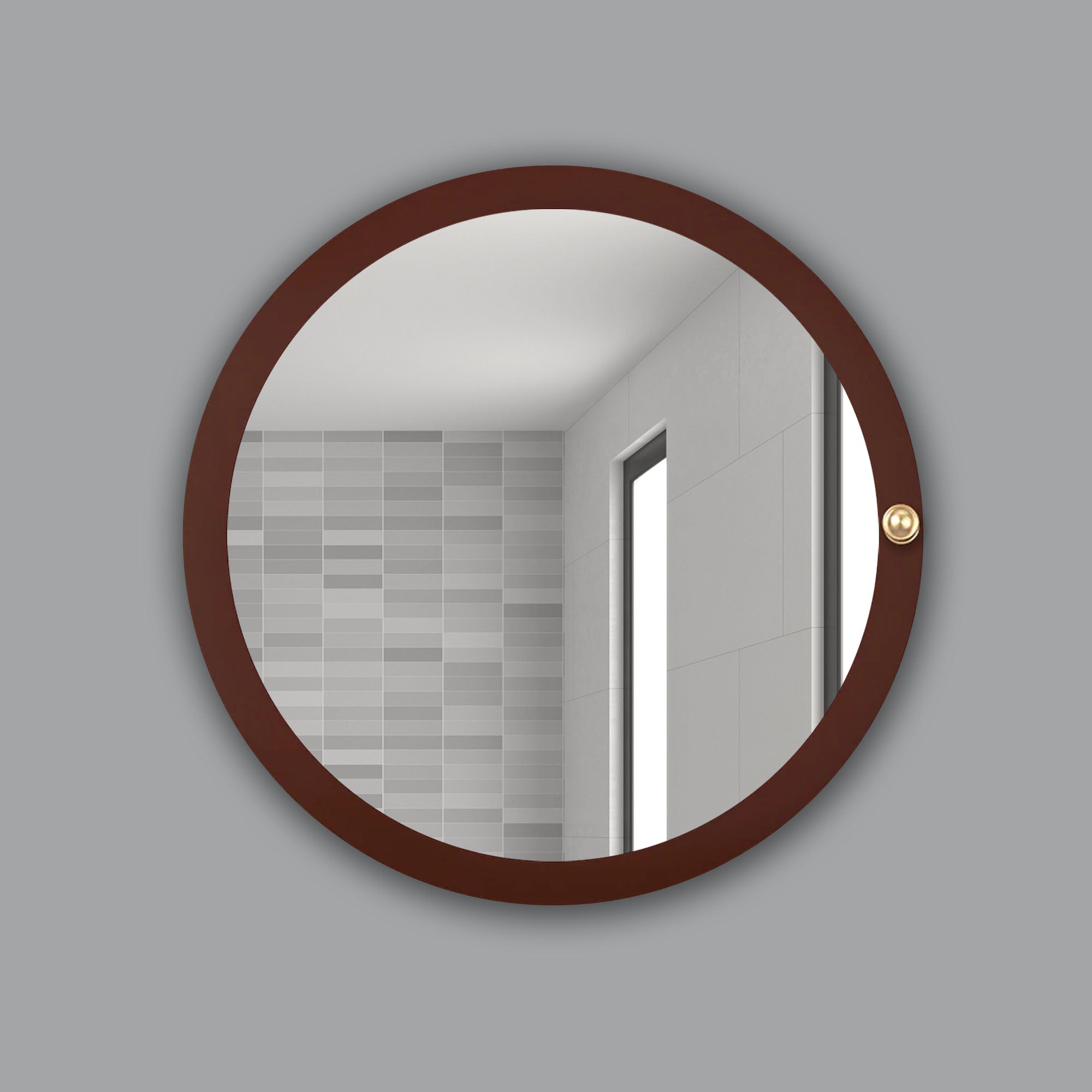 Modish Circular Wooden Bathroom Cabinet Mirror with 2 Spacious Shelves with Brown Finish - Decor Smart