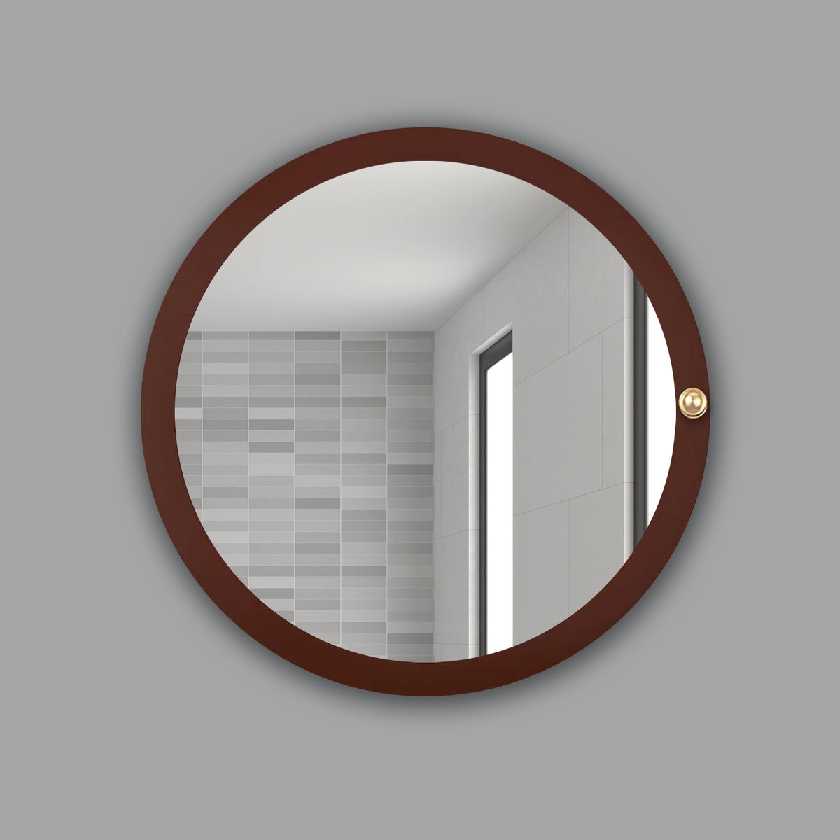 Modish Circular Wooden Bathroom Cabinet Mirror with 2 Spacious Shelves with Brown Finish - Decor Smart