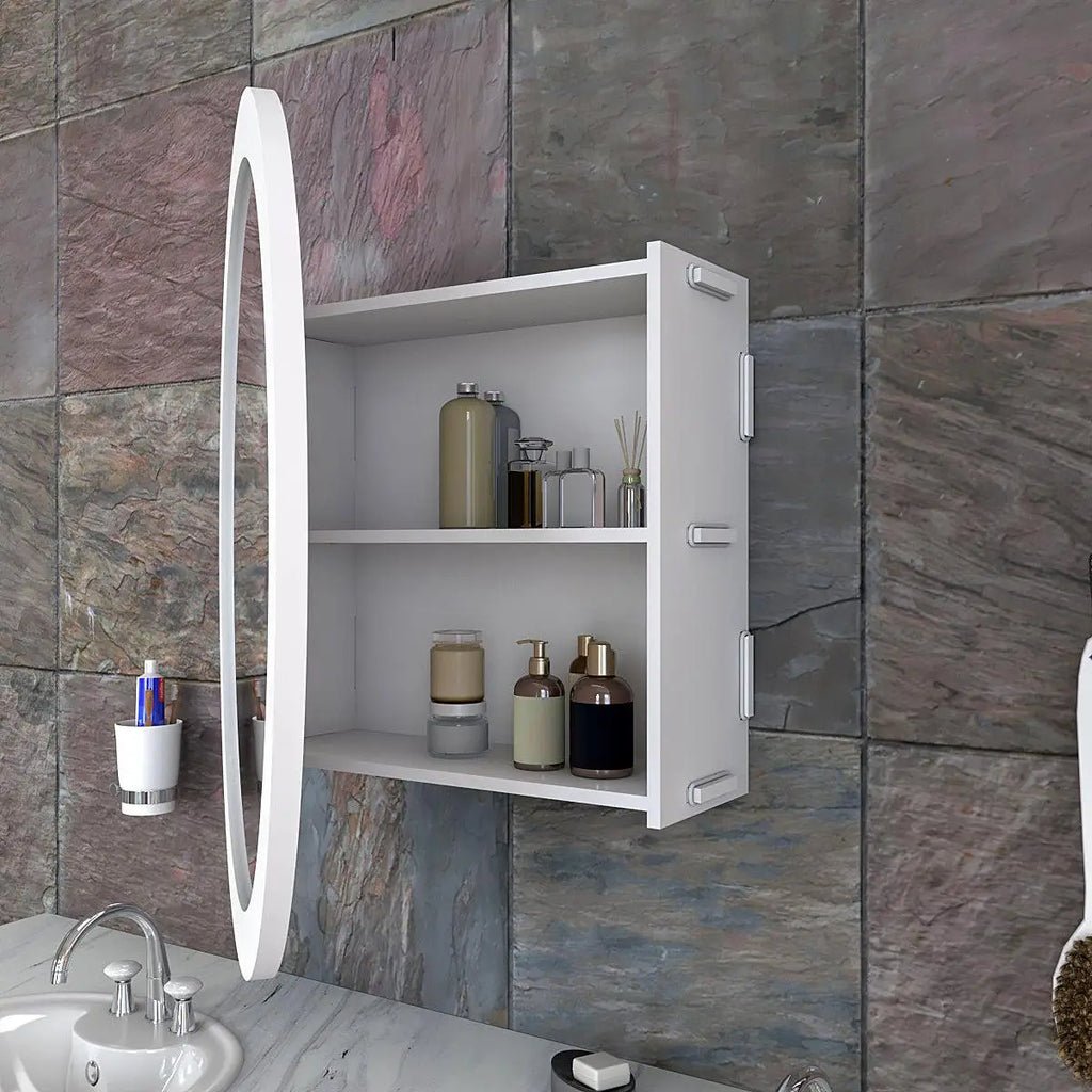 Modish Circular Wooden Bathroom Cabinet Mirror with 2 Spacious Shelves with White Finish - Decor Smart