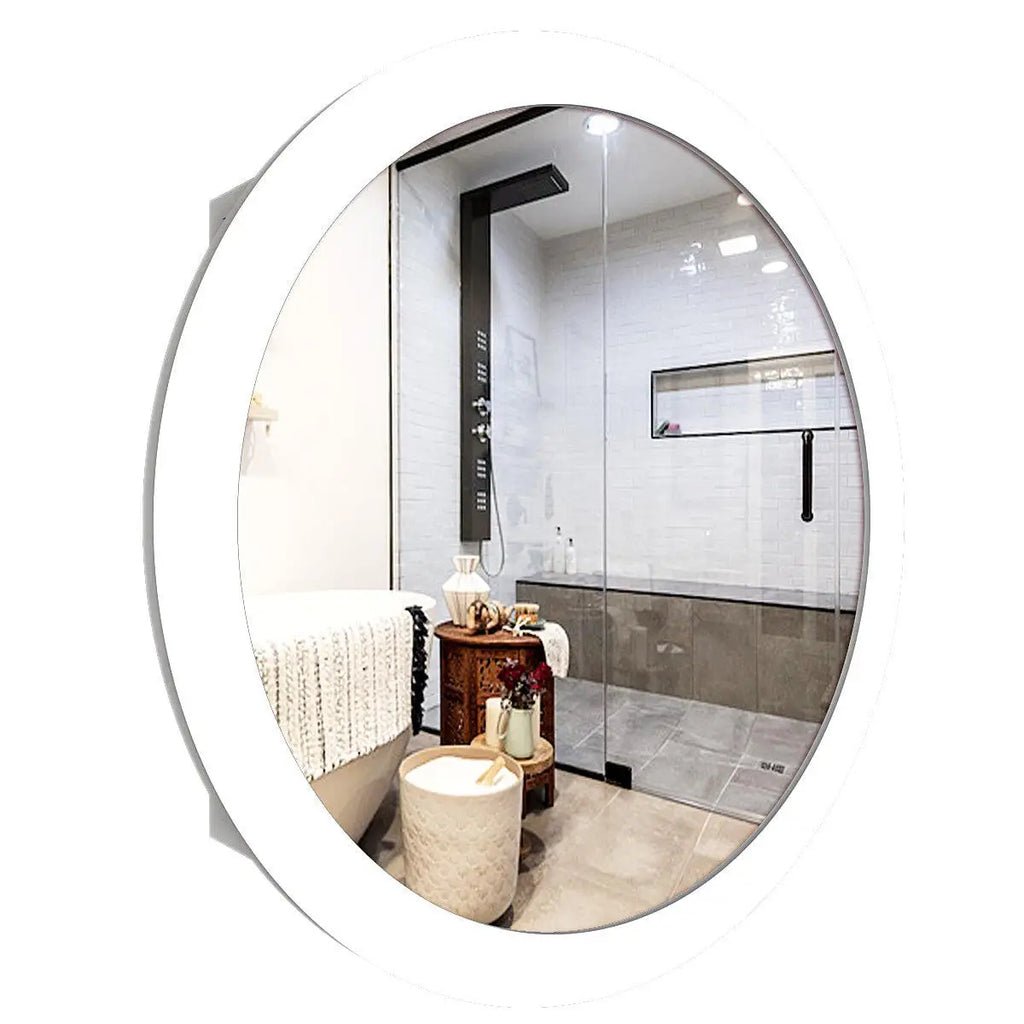 Modish Circular Wooden Bathroom Cabinet Mirror with 2 Spacious Shelves with White Finish - Decor Smart