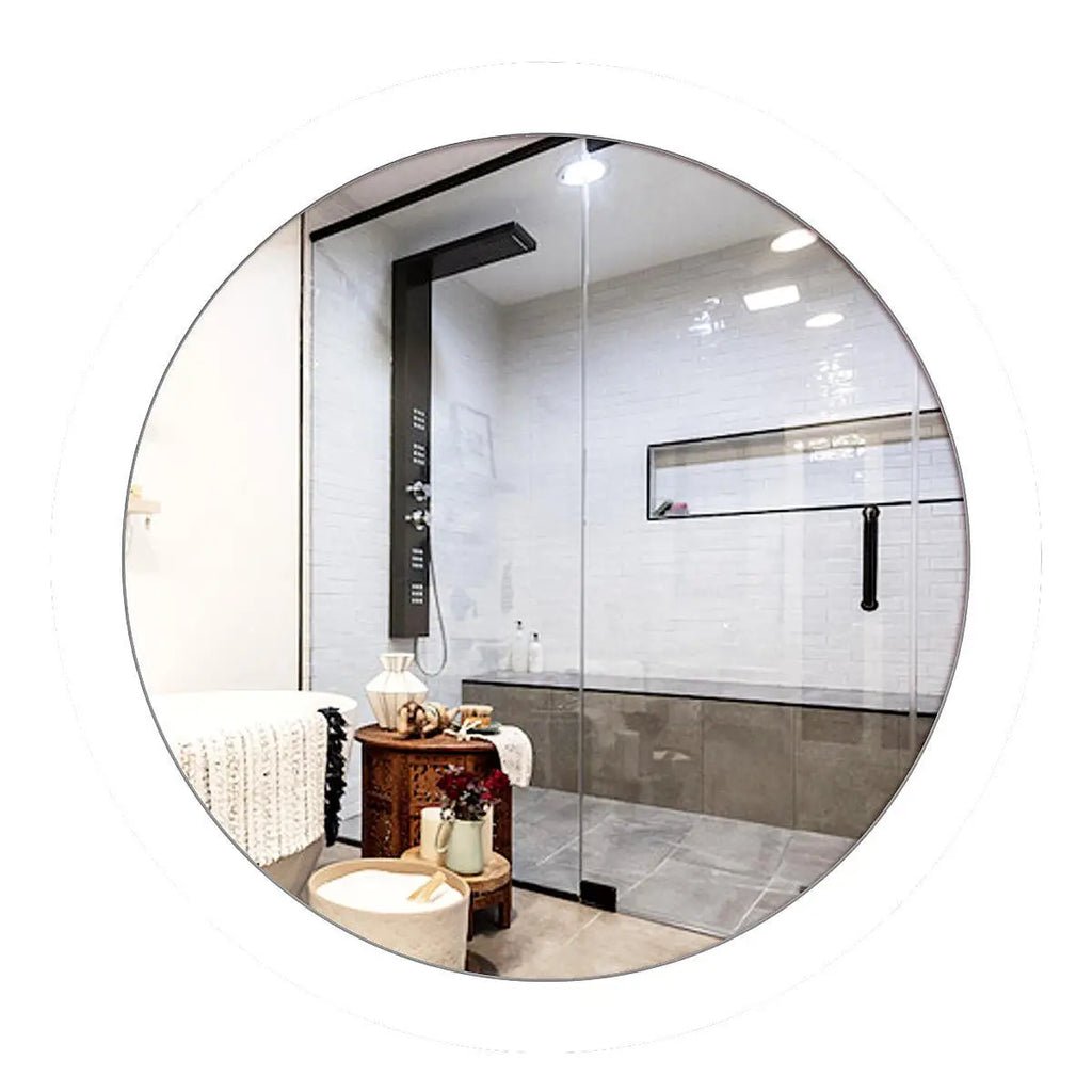 Modish Circular Wooden Bathroom Cabinet Mirror with 2 Spacious Shelves with White Finish - Decor Smart