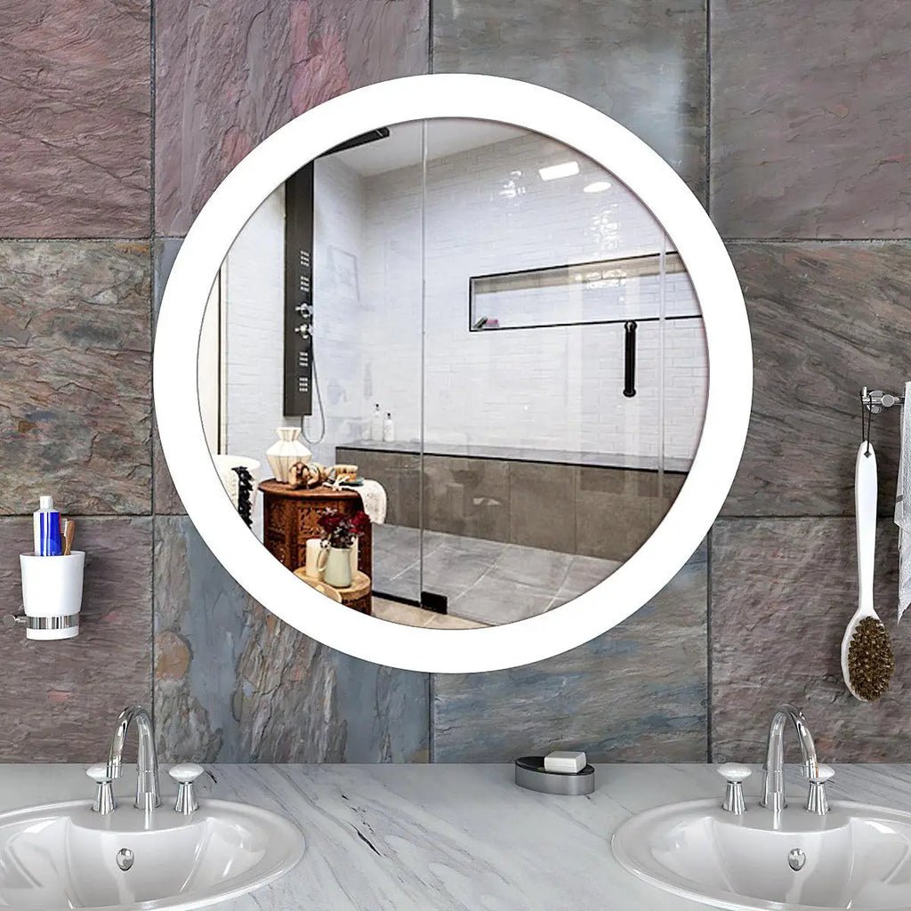 Modish Circular Wooden Bathroom Cabinet Mirror with 2 Spacious Shelves with White Finish - Decor Smart