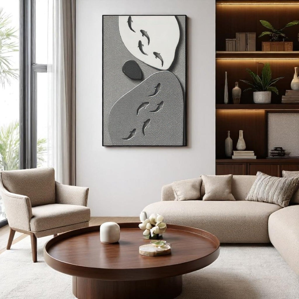 Monochrome Serenity Sculpted Koi 3D Wall Art Home Decor