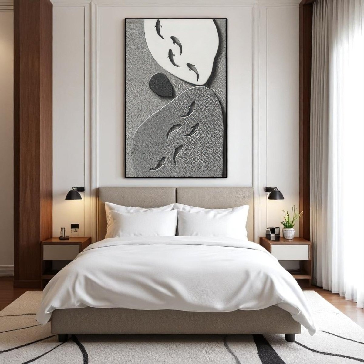 Monochrome Serenity Sculpted Koi 3D Wall Art Home Decor
