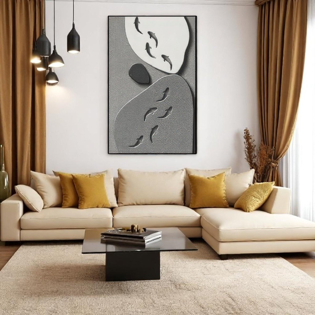 Monochrome Serenity Sculpted Koi 3D Wall Art Home Decor