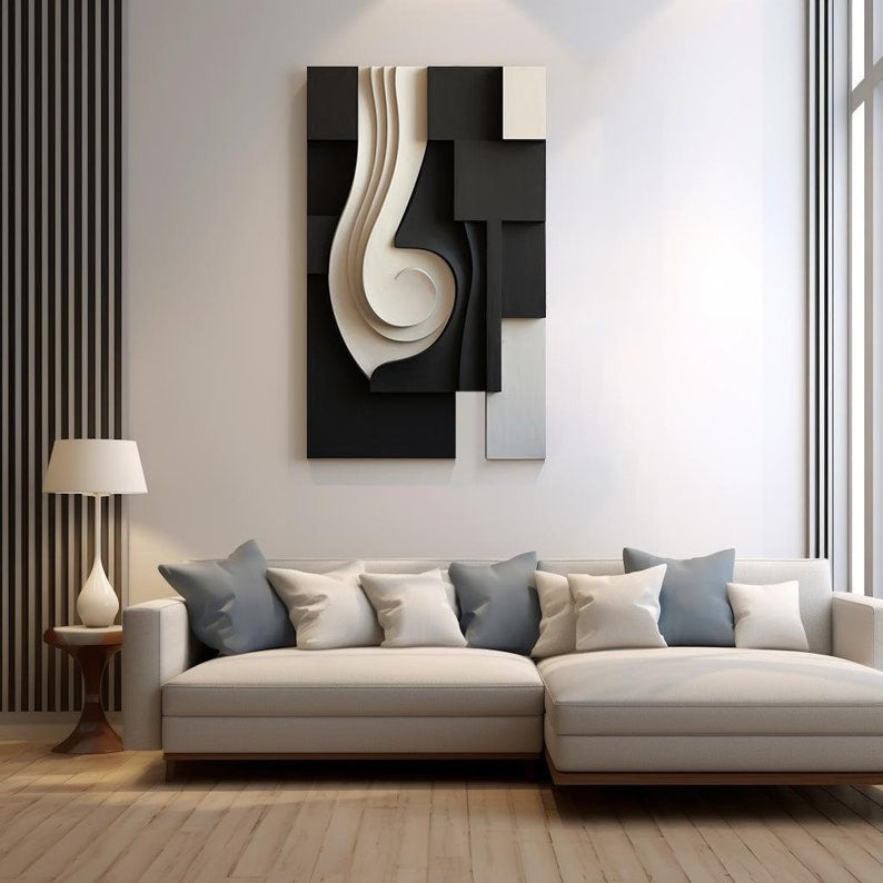Monochrome Swirl Geometric Black and White 3D Wall Art Home Decor