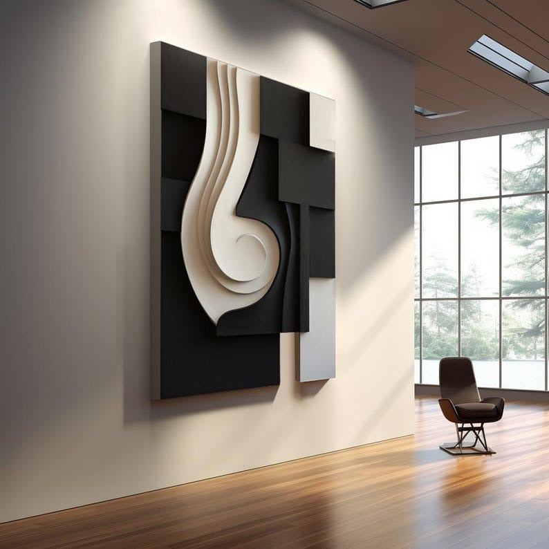 Monochrome Swirl Geometric Black and White 3D Wall Art Home Decor