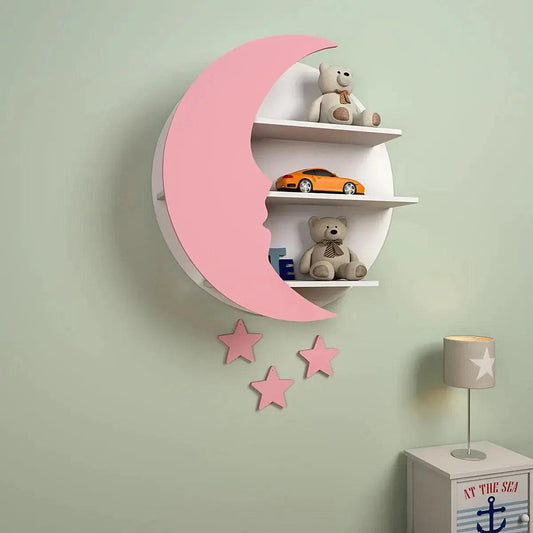Moon and Stars Shape Wooden Wall Storage Shelf for Kids - Decor Smart
