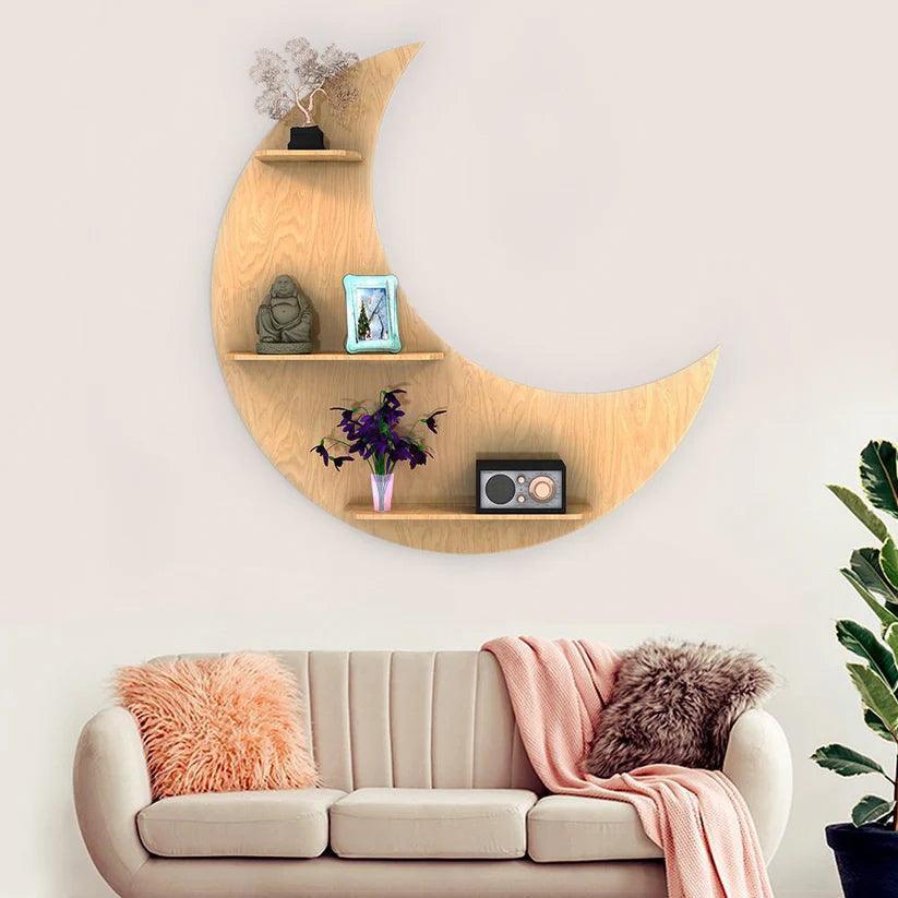 Moon Backlit Designer Wooden Wall Shelf / Book Shelf, Oak Finish - Decor Smart