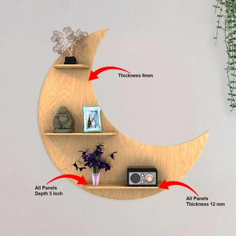 Moon Backlit Designer Wooden Wall Shelf / Book Shelf, Oak Finish - Decor Smart