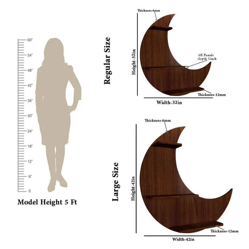Moon Backlit Designer Wooden Wall Shelf / Book Shelf, Walnut Finish - Decor Smart