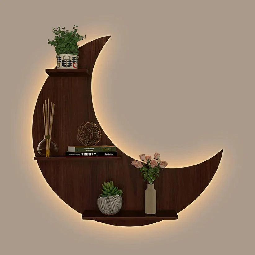 Moon Backlit Designer Wooden Wall Shelf / Book Shelf, Walnut Finish - Decor Smart
