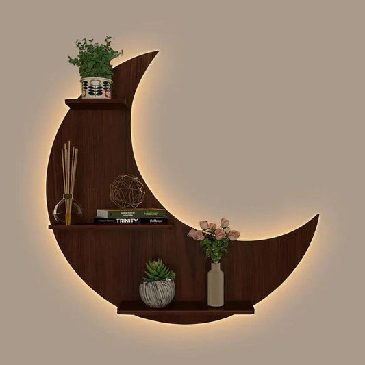 Moon Backlit Designer Wooden Wall Shelf / Book Shelf, Walnut Finish - Decor Smart