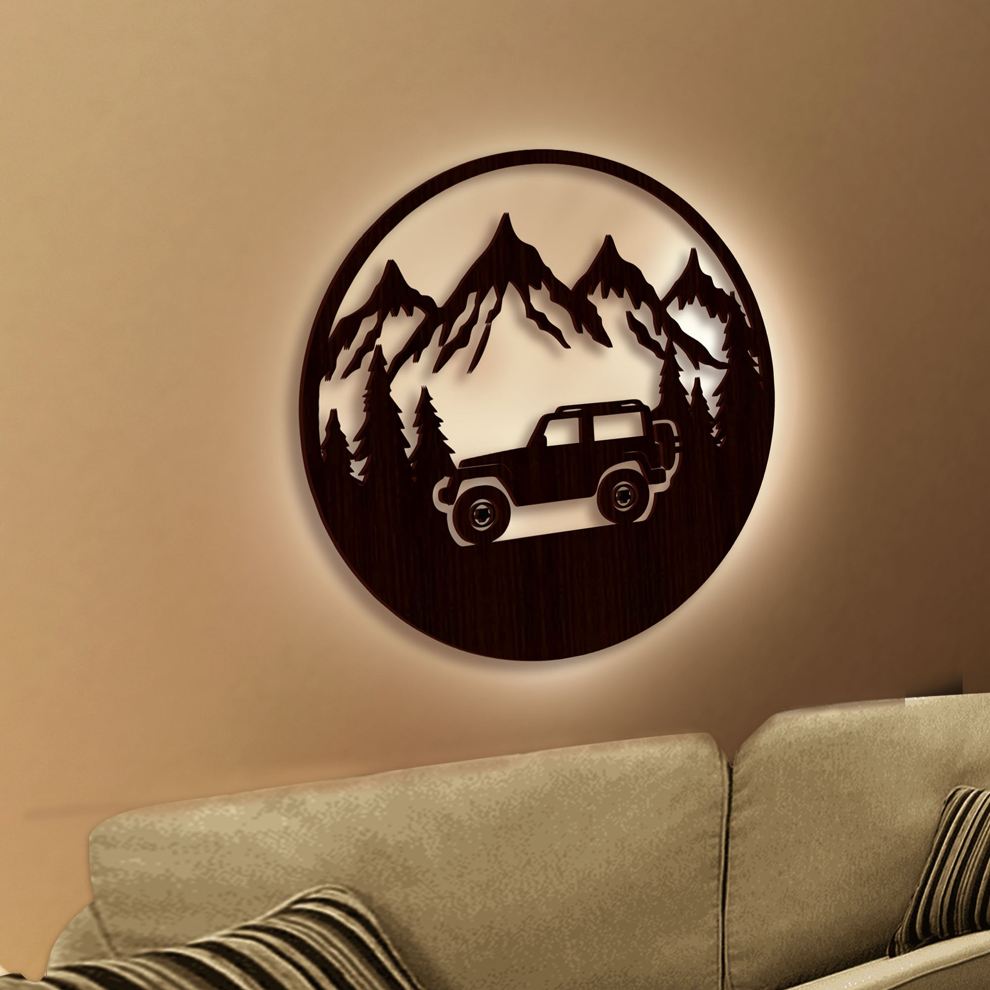 Mountain Forest Road Jeep Art Backlit Wooden Wall Hanging with LED Night Light Walnut Finish - Decor Smart
