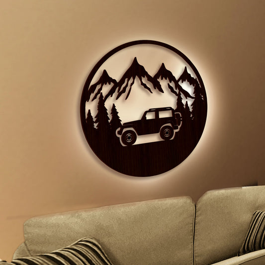 Mountain Forest Road Jeep Art Backlit Wooden Wall Hanging with LED Night Light Walnut Finish - Decor Smart