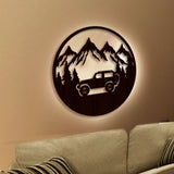Mountain Forest Road Jeep Art Backlit Wooden Wall Hanging with LED Night Light Walnut Finish - Decor Smart