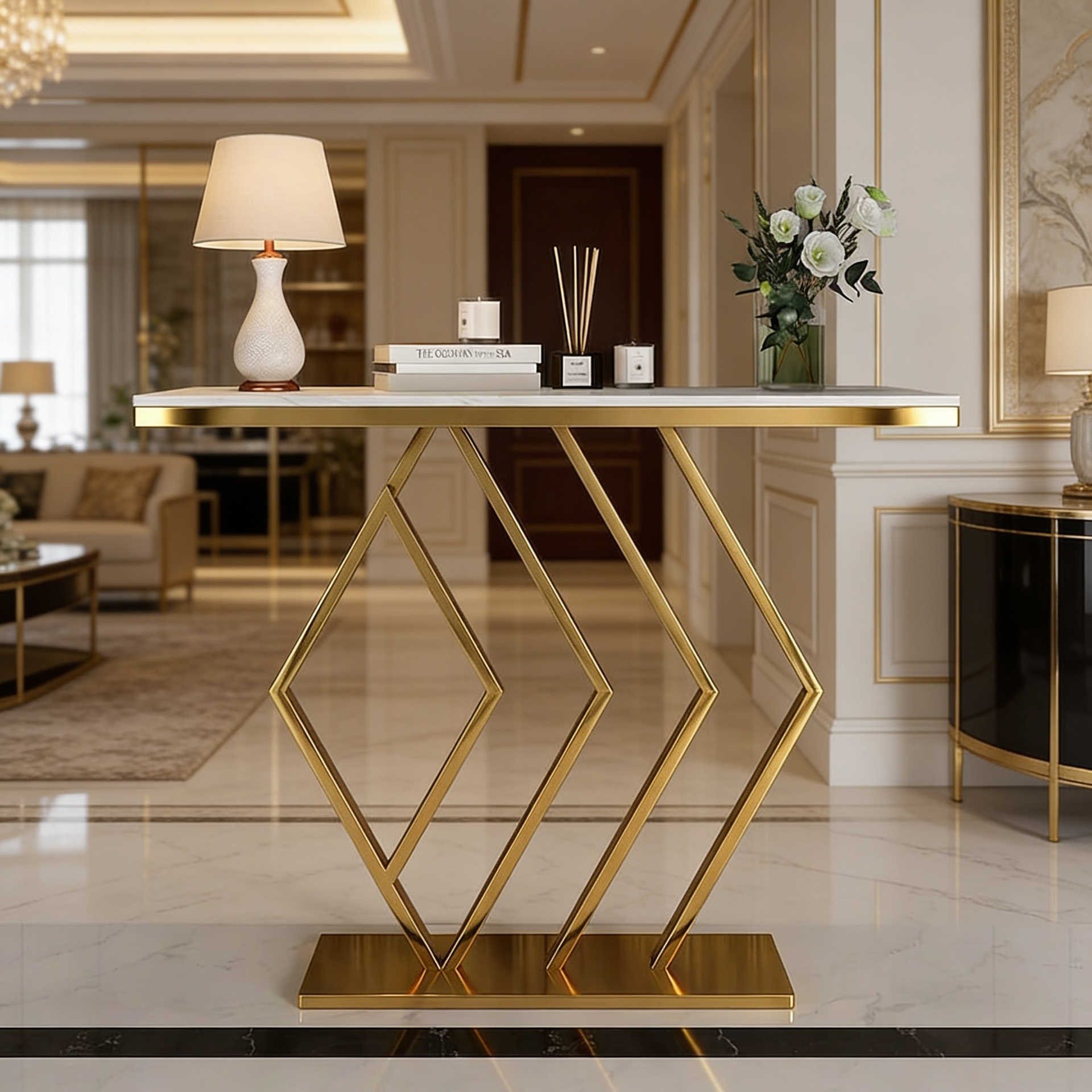 Classic Design Copper Console Table in Geometric Pattern