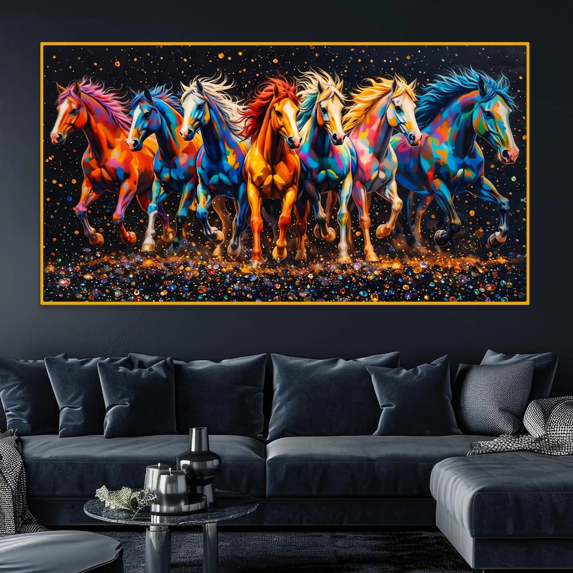 Multicolor Running Horses Crystal Glass Wall Painting