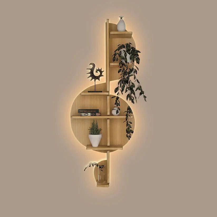 Music Note Backlit Designer Wooden Wall Shelf / Book Shelf / Night Light, Light Oak Finish - Decor Smart