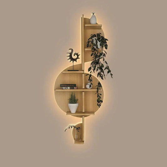 Music Note Backlit Designer Wooden Wall Shelf / Book Shelf / Night Light, Light Oak Finish - Decor Smart
