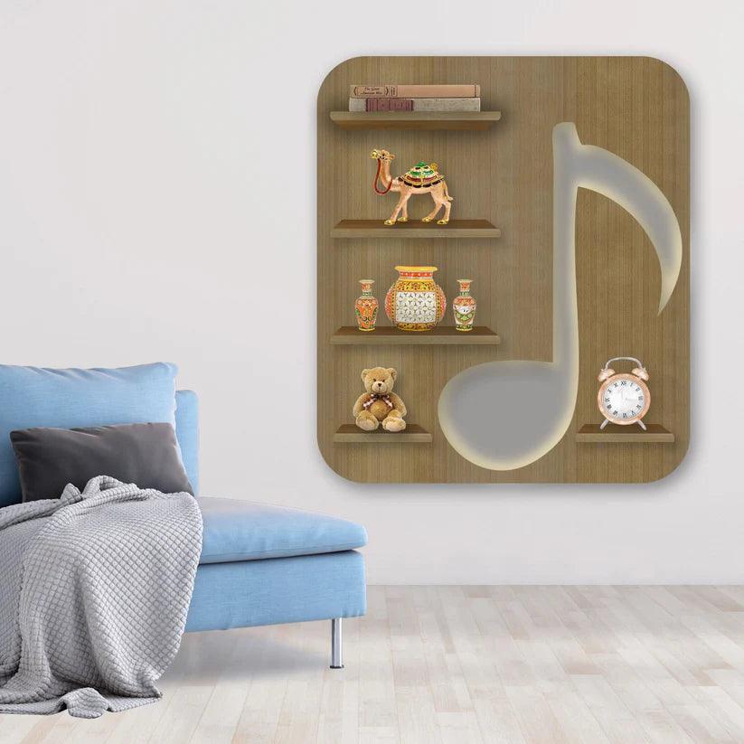 Music Symbol Note Backlit Wooden LED Light Wall Shelf with Oak Finish - Decor Smart