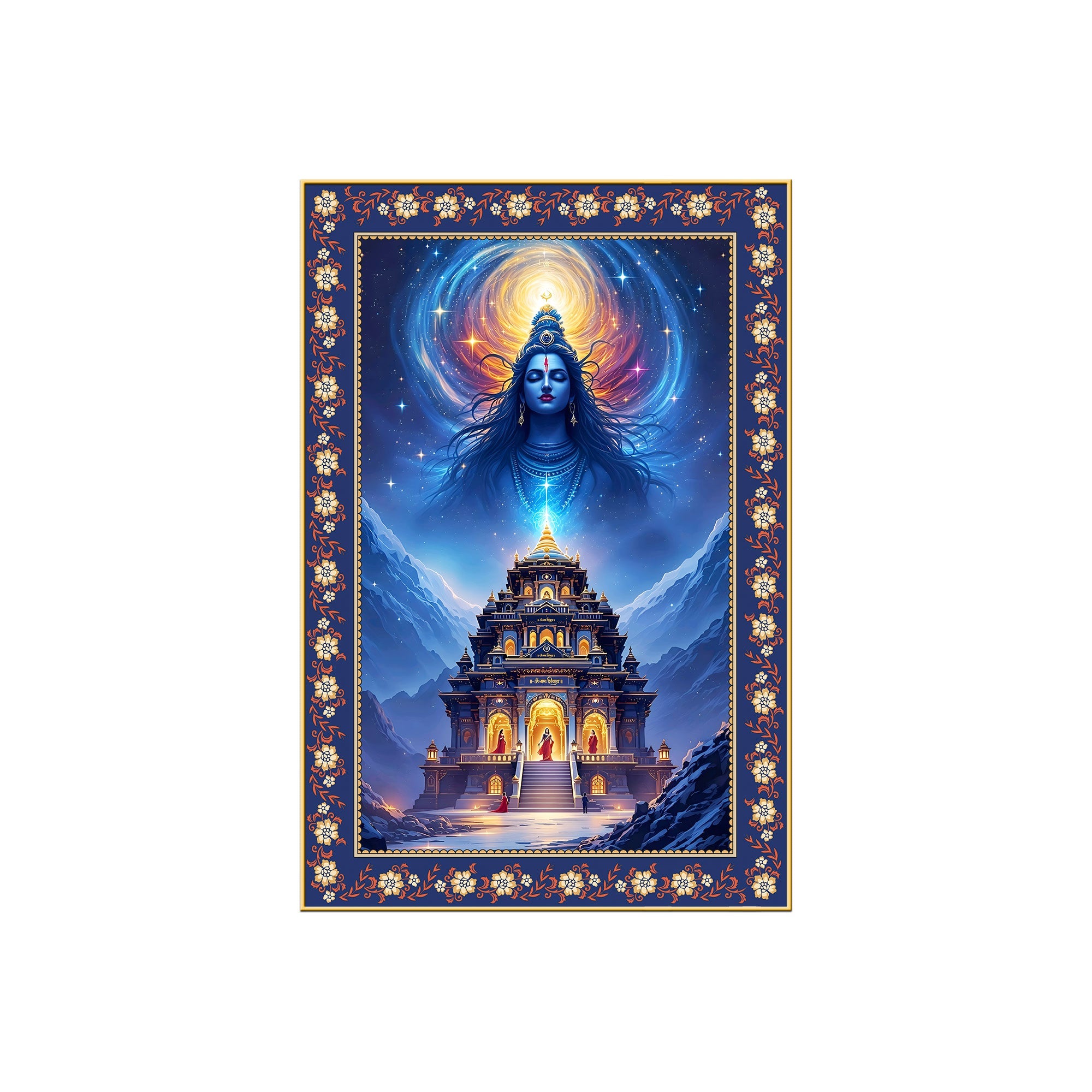 Mystical Himalayan Mandir with Shiva Floral Border Vertical Wall Painting