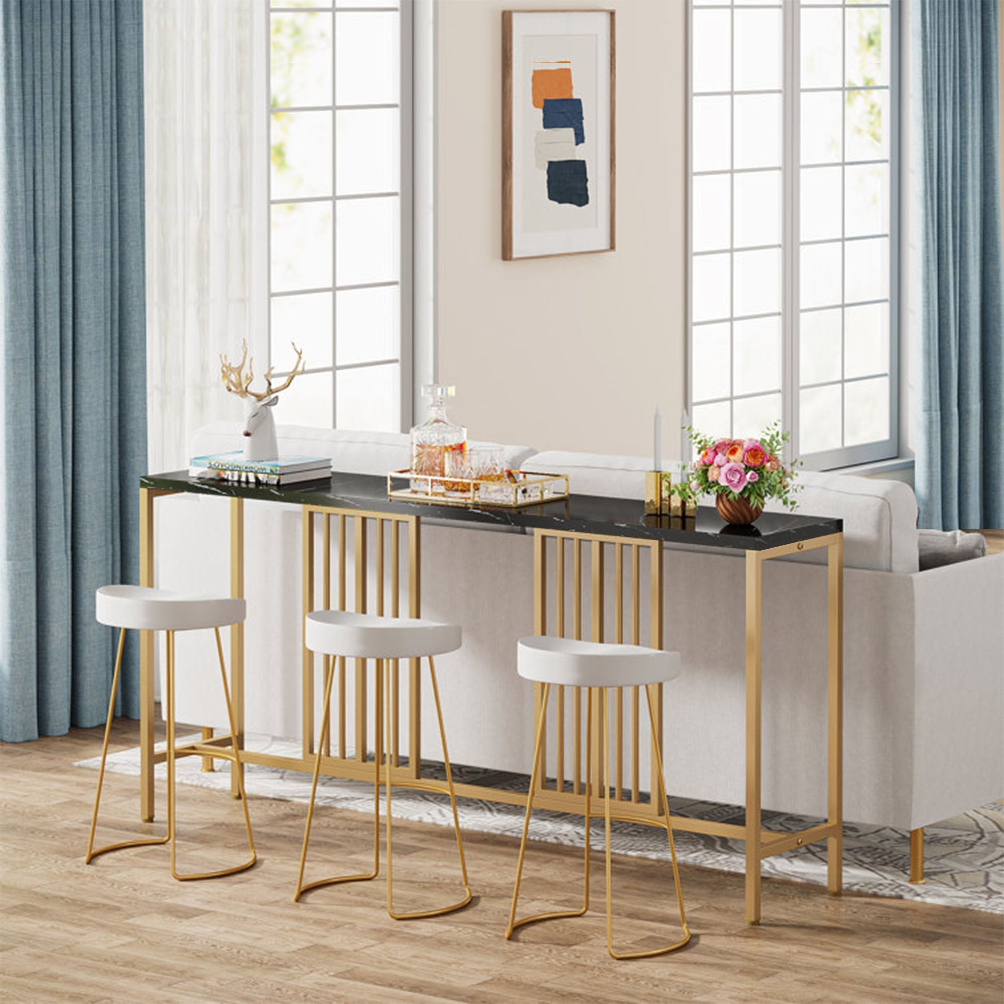 Narrow Long Faux Black Marble Gold Console Table - Decor Smart