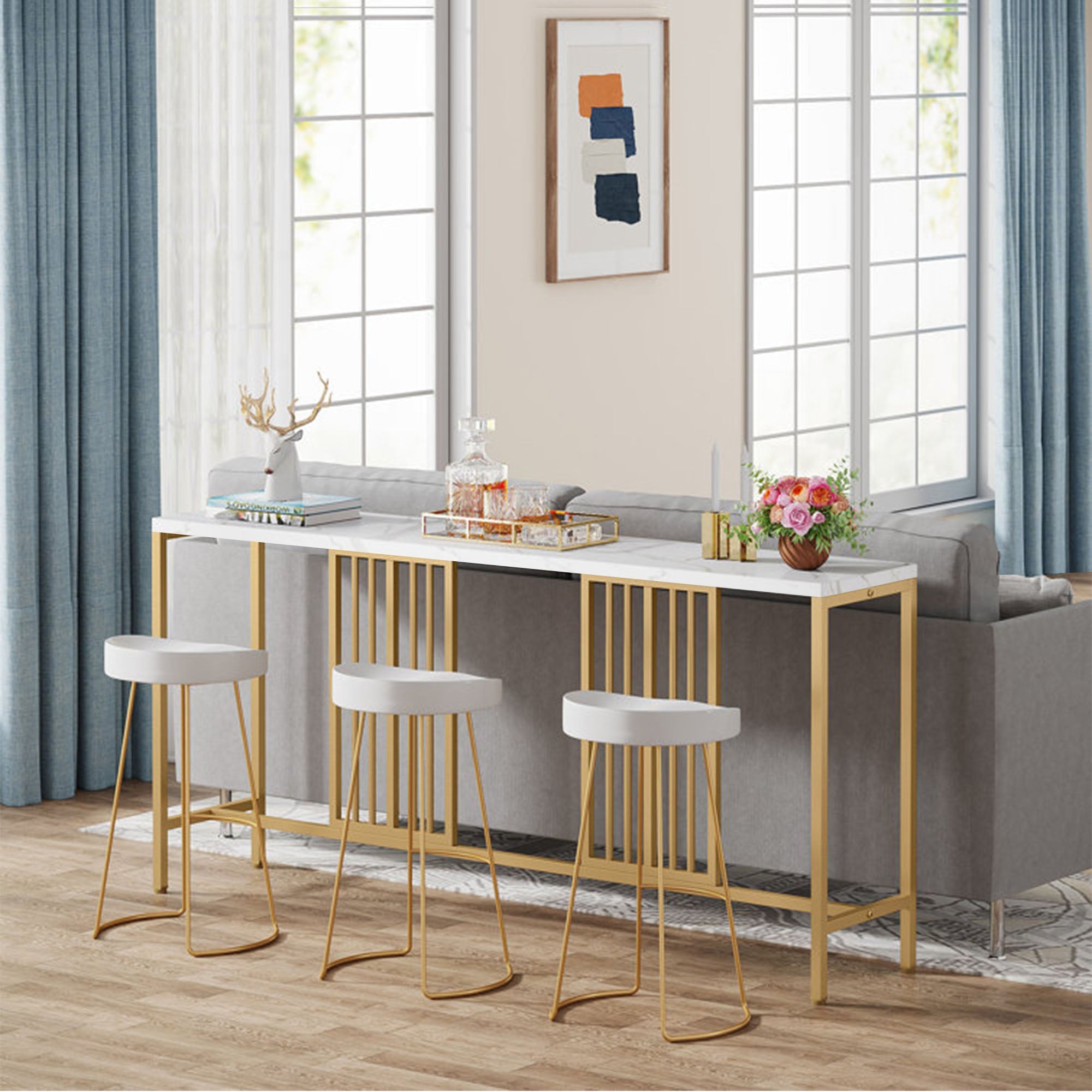 Narrow Long Faux White Marble Gold Console Table - Decor Smart