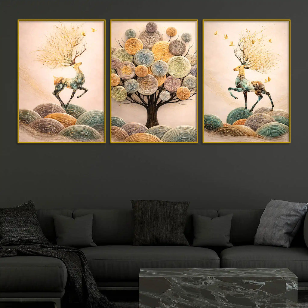Nature Inspired Deer on Hills & Giant Tree Floating Frame Crystal Wall Painting Set of 3