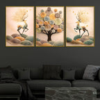 Nature Inspired Deer on Hills & Giant Tree Floating Frame Crystal Wall Painting Set of 3