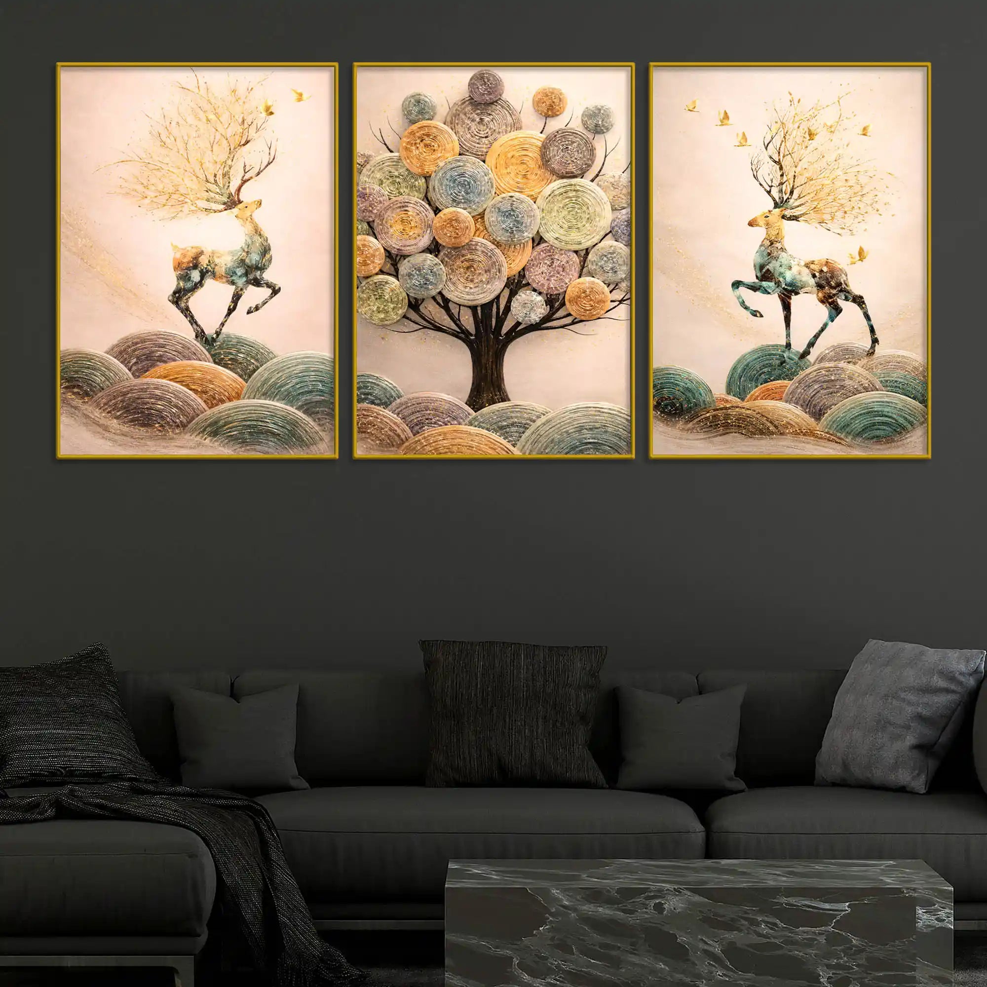 Nature Inspired Deer on Hills & Giant Tree Floating Frame Crystal Wall Painting Set of 3