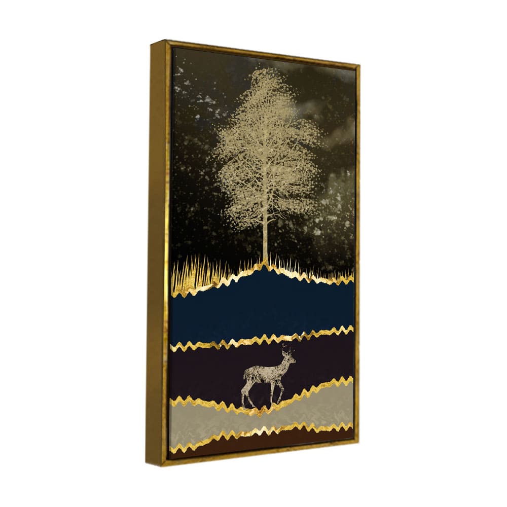 Night Landscape with Blue and golden Deer Premium Canvas Wall Painting - Decor Smart