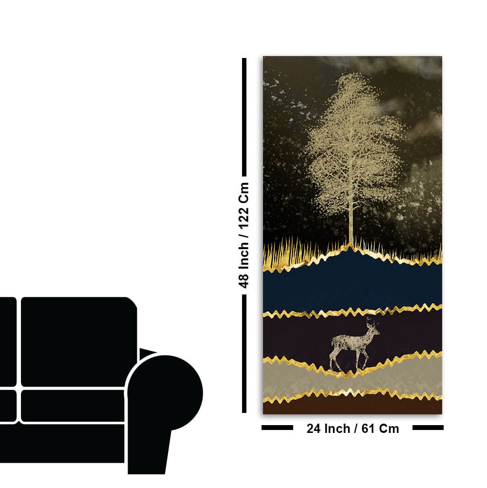 Night Landscape with Blue and golden Deer Premium Canvas Wall Painting - Decor Smart