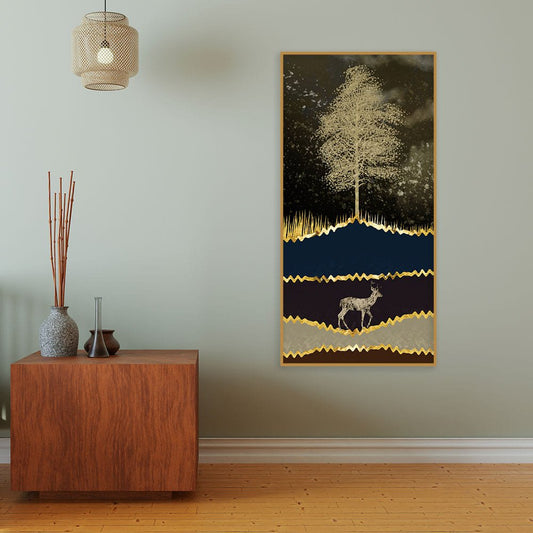 Night Landscape with Blue and golden Deer Premium Canvas Wall Painting - Decor Smart