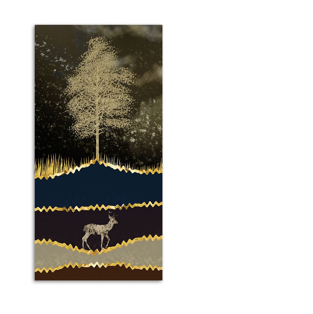 Night Landscape with Blue and golden Deer Premium Canvas Wall Painting - Decor Smart