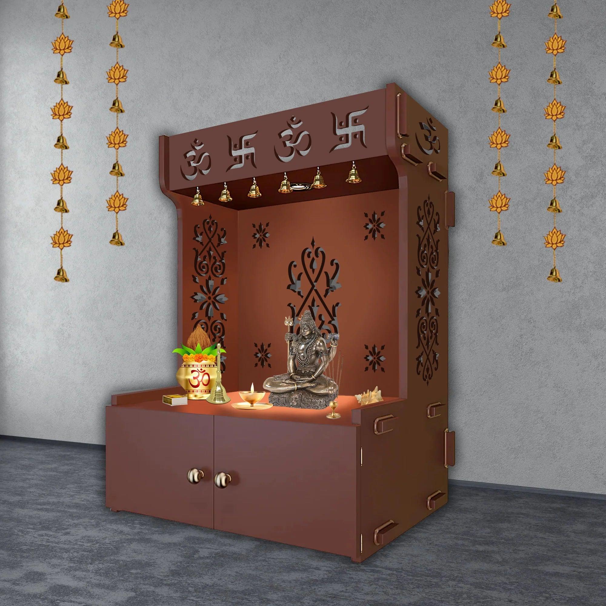 OM Swastika Symbol of Hindu Religious Floor Temple with Spacious Wooden Shelf & Inbuilt Focus Light - Brown Finish - Decor Smart